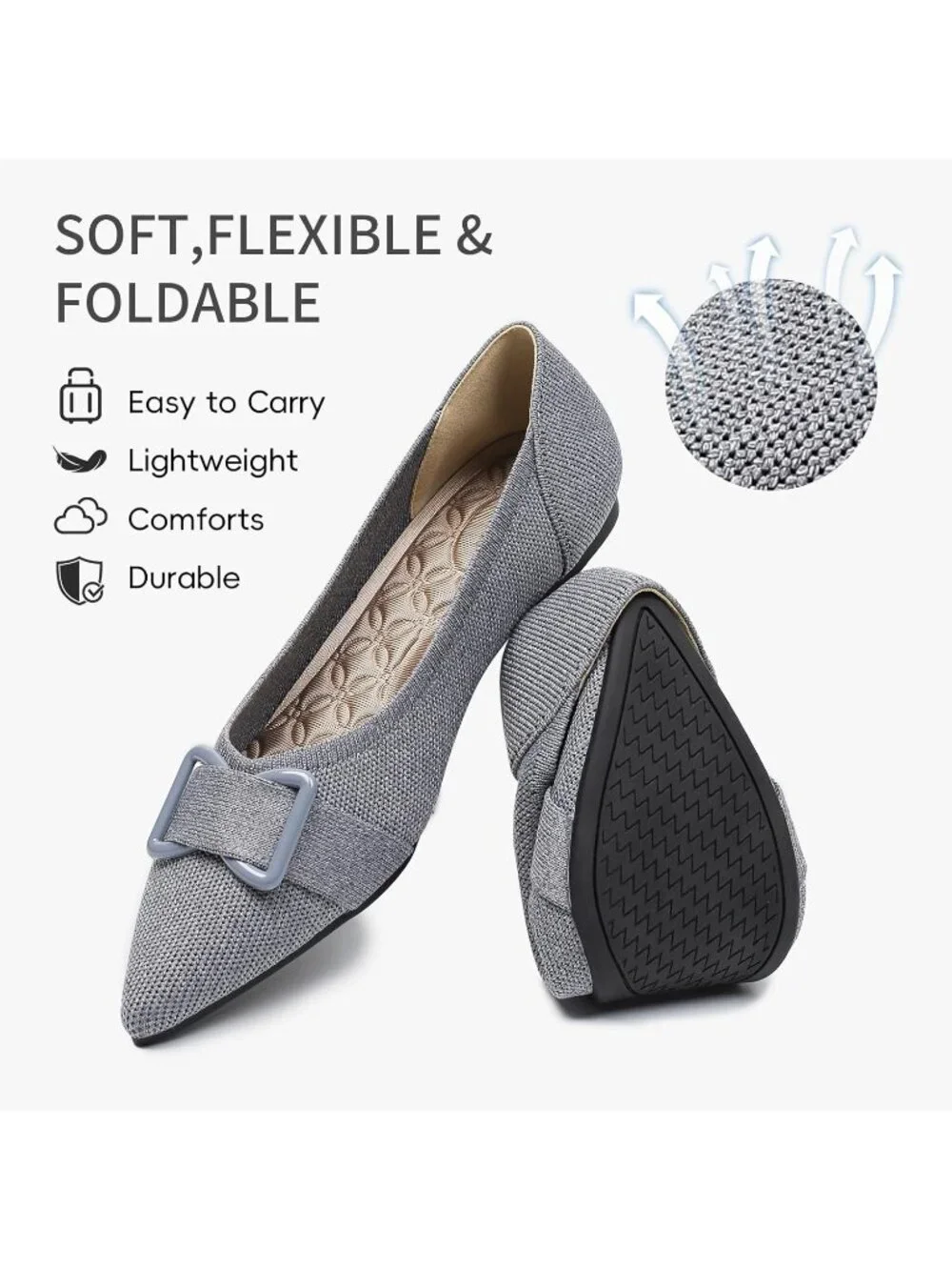 Women's Dark Grey Comfortable Knit Ballet Flats Shoes Pointed Toe Dress Shoes